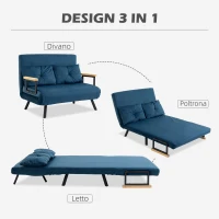 HOMCOM Divano Convertibile a 2 Posti con Schienale Regolabile a 5 Livelli e 2 Cuscini Imbottiti, Rivestimento in Velluto, Blu(m-5)