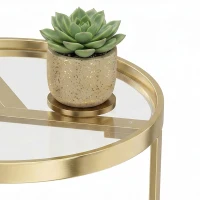 HOMCOM Round Side Table with Tempered Glass Top and Geometric Metal Frame for Small Space, Gold Tone(m-13)