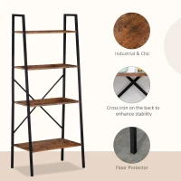 HOMCOM Ladder Shelf, Bookshelf, 4-Tier Industrial Storage Rack for Living Room, Bedroom, Kitchen, Rustic Brown and Black(m-5)