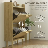 HOMCOM Mobile Portascarpe Stretto per Ingresso, con 2 Cassetti Ribaltabili, Ripiani Regolabili e Piano Superiore, Rovere(m-6)
