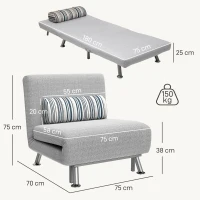 HOMCOM Poltrona Letto Singolo 3 in 1 con Schienale Reclinabile su 5 Livelli, Cuscino Imbottito e Materasso, Divano Letto Singolo Pieghevole per Soggiorno, in Acciaio e Lino, 75x70x75cm, Grigio Chiaro(m-3)