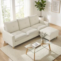 HOMCOM Canapé 3 places avec pouf de rangement, canapé d'angle modulable 210 cm, assise large, tissu aspect lin, crème(m-2)