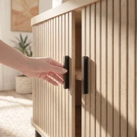 HOMCOM Buffet salon, meuble de rangement ovale avec 2 portes coulissantes et étagères réglables, 140x40x75cm, bois naturel(m-12)