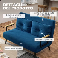 HOMCOM Divano Convertibile a 2 Posti con Schienale Regolabile a 5 Livelli e 2 Cuscini Imbottiti, Rivestimento in Velluto, Blu(m-6)