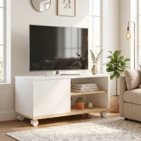 HOMCOM Mueble TV con Ruedas y Frenos Mueble de TV con Armario y Estante Regulable Blanco y Roble(m-4)