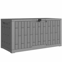 Outsunny Coffre de Rangement Extérieur 379 L Verrouillable avec Vérin à Gaz, Aspect Bois, 122,5x56x62cm, Gris(m-12)
