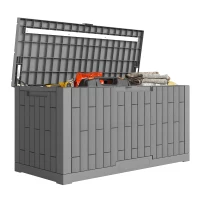 Outsunny Coffre de Rangement Extérieur 379 L Verrouillable avec Vérin à Gaz, Aspect Bois, 122,5x56x62cm, Gris(m-11)