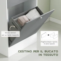 HOMCOM Armadio da bagno con cestino per il bucato e porta specchiata ripiano regolabile 62 x 28,3 x 181 cm grigio e bianco(m-5)