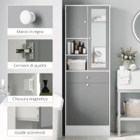 HOMCOM Armadio da bagno con cestino per il bucato e porta specchiata ripiano regolabile 62 x 28,3 x 181 cm grigio e bianco(m-7)