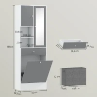 HOMCOM Armadio da bagno con cestino per il bucato e porta specchiata ripiano regolabile 62 x 28,3 x 181 cm grigio e bianco(m-3)