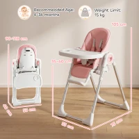 AIYAPLAY Seggiolone Pappa Pieghevole per Bambini 6-36 Mesi con Altezza Regolabile, Doppio Vassoio Lavabile, Ruote, Rosa(m-3)