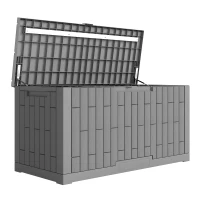 Outsunny Coffre de Rangement Extérieur 379 L Verrouillable avec Vérin à Gaz, Aspect Bois, 122,5x56x62cm, Gris(m-1)