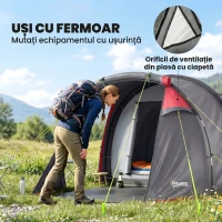 Outsunny Cort de Camping pentru 2-4 Persoane cu Vestibul și Uși cu Fermoar, 426x206x154cm Gri(m-5)