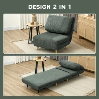 HOMCOM 2-in-1 Poltrona Letto Ospiti, Poggiatesta Regolabile, Velluto a Coste, 82 cm x 89 cm x 83 cm, Verde(m-4)