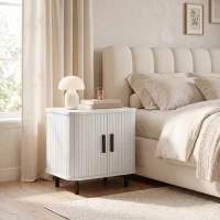 HOMCOM Nightstand with Sliding Doors and Metal Legs White Wood Effect(m-9)