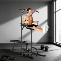 HOMCOM Torre Entrenamiento Energía Power Tower Estación Pull Up Multifuncional Ajustable en Altura con Banco Plegable Barra de Dominadas para Fitness 220x98x181-229 cm Negro(m-10)
