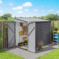 Outsunny 5 x 9ft Galvanised Metal Garden Shed with Foundation Kit, Outdoor Lean-to Shed, Tool Storage House for Garden, Grey(m-10)