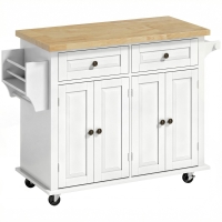 HOMCOM Ilha de Cozinha com Rodas 2 Gavetas 4 Portas Suporte para Temperos e Barra Lateral 111x44,5x82,5cm Branco e Madeira