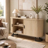 HOMCOM Buffet salon, meuble de rangement ovale avec 2 portes coulissantes et étagères réglables, 140x40x75cm, bois naturel(m-2)