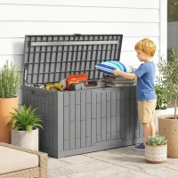 Outsunny Coffre de Rangement Extérieur 379 L Verrouillable avec Vérin à Gaz, Aspect Bois, 122,5x56x62cm, Gris(m-10)
