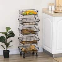 HOMCOM 5 Tier Storage Trolley, Stackable Fruit Vegetable Cart for Kitchen, Living Room, 40 x 2 x 97 cm, Black(m-2)