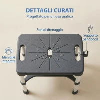 HOMCOM Sgabello per Doccia in Alluminio con Mensola Integrato, Altezza Regolabile 5 Livelli, Portata 150kg, Grigio(m-7)