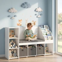 AIYAPLAY Scaffale Portagiochi per Bambini 3-8 Anni con Libreria a 3 Livelli, 3 Cassetti, 4 Scomparti, Cuscino, Bianco(m-10)