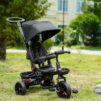 HOMCOM Triciclo Bebé 4 en 1 Bicicleta para Niños 1-5 Años con Asiento Giratorio Capota Ajustable Mango de Empuje Telescópico y Reposapiés Plegable Carga 25 kg 111,5x52x98 cm Negro(m-6)