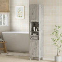 kleankin Columna de Baño Mueble Alto y Estrecho con Estantes Abiertos y 2 Armarios 30x32x172,5 cm Madera Grisácea(m-10)