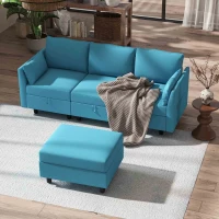 HOMCOM Divano Componibile Modulare 3 Posti con Pouf Poggiapiedi e Cuscini, Rivestimento in Flanella, Blu(m-9)