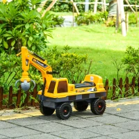 HOMCOM Ruspa Giocattolo 2 in 1 con Escavatore e Mordente, Vano Nascosto, Gioco Cavalcabile Bambini 2-3 Anni, 90x28x58cm, Giallo(m-10)