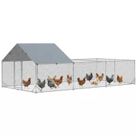 PawHut Pollaio da Giardino per 15-18 Galline in Acciaio Zincato e PE con Tettoia e Serratura, 600x300x195 cm(m-1)