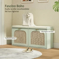 HOMCOM Panca portascarpe con seduta imbottita e anta in rattan, 104x26x47,5 cm, Verde(m-4)