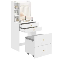 HOMCOM Dressing Table with Mirror and Mobile Storage Stool, Compact Vanity Table with Cabinet, Drawers, Open Shelves, White(m-14)