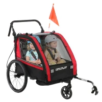AIYAPLAY Remolque de Bicicleta Infantil 2 en 1 de 2 Plazas con Manillar Ajustable Freno y Cinturón de Seguridad Rojo(m-7)