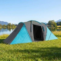 Outsunny Tente de camping familiale 4-6 pers. étanche légère facile à monter 2 grandes portes dim. 5,55 x 2,25 x 1,9 m gris foncé et bleu(m-2)