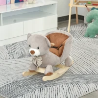 HOMCOM Caballito Balancín Infantil en Forma de Osito de Felpa para Bebés 18-36 Meses con Sonido y Cinturón 60x33x50 cm Gris(m-10)