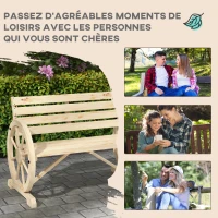 Outsunny Banc de Jardin banc 3 places en bois Style Rustique Chic accoudoirs Roues Charette Bois Sapin effet bois naturel(m-7)