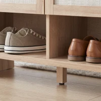 HOMCOM Banc chaussures entrée, banc de rangement, assise rembourrée en lin, 2 tiroirs en rotin et étagère ouverte, chêne(m-10)