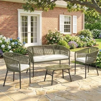 Outsunny Salon de Jardin Extérieur 4 Places Canapé 2 Places 2 Fauteuils et Table Basse Verre Trempé PP Rond Tressé Crème(m-2)