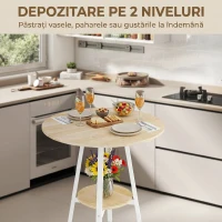 HOMCOM Masă Înaltă Rotundă cu Raft, Masă Modernă pentru Bucătărie sau Dining, PAL, Metal, Lemn Natural și Alb(m-4)