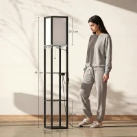 HOMCOM Lampă LED de podea cu rafturi, dimabilă, întrerupător cu lanț & prize, neagră(m-3)