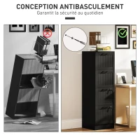 HOMCOM Caisson bureau, meuble rangement bois 4 tiroirs et serrure, barres de suspension réglables, 40 x 40 x 131 cm, noir(m-7)