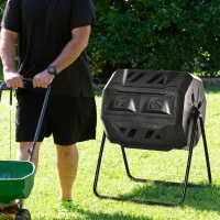 Outsunny Compostiera da Giardino Girevole a 2 Sezioni con 8 Prese d'Aria, Compostiera Domestica in Acciaio e PP, 160 L, per Compostaggio Rifiuti Organici, 71x65x96 cm, Nero(m-10)