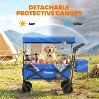 Outsunny Chariot pliant avec toit, poignée, panier chariot de transport pliable tout-terrain acier noir Oxford bleu(m-8)