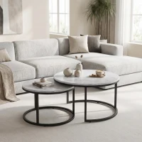 HOMCOM Couchtisch-Set, 2 runde Satztische, Industriedesign, Metallgestell, Betonoptik/Schwarz(m-10)