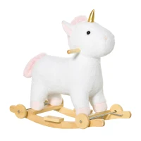 HOMCOM Caballito Balancín Infantil en Forma de Unicornio para Niños de +3 Años Balancín de Felpa 2 en 1 con Ruedas y Sonidos 63x38x63 cm Blanco(m-1)