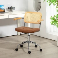 HOMCOM Silla de Escritorio Altura Ajustable con Función de Basculante y Respaldo de Ratán Sintético 60x55,5x82-90 cm Marrón(m-10)