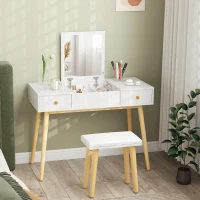 HOMCOM Ensemble de coiffeuse avec tabouret miroir rabattable style scandinave 2 tiroirs 100 x 45 x 118 cm, blanc(m-10)