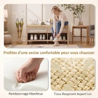 HOMCOM Banc chaussures entrée, banc de rangement, assise rembourrée en lin, 2 tiroirs en rotin et étagère ouverte, chêne(m-7)